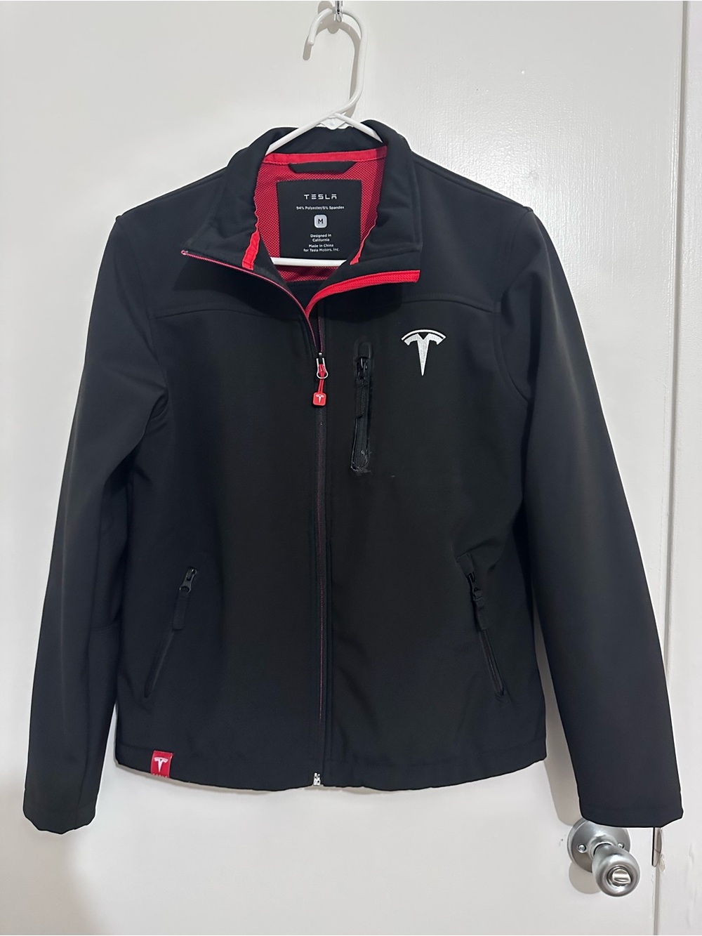 Tesla Motors Jacket Men Black Red Windbreaker Softshell Bomber Car Driving Sz M